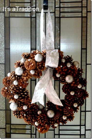 Winter wreath--pinecone wreath with white ornaments