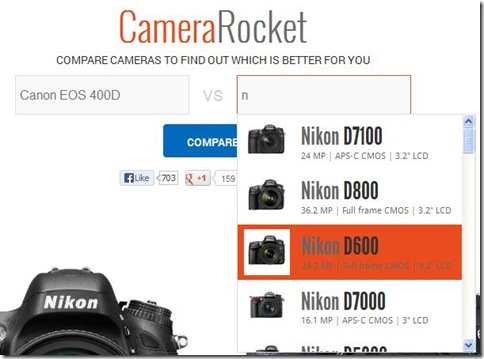 CameraRocket indicare fotocamere reflex da confrontare