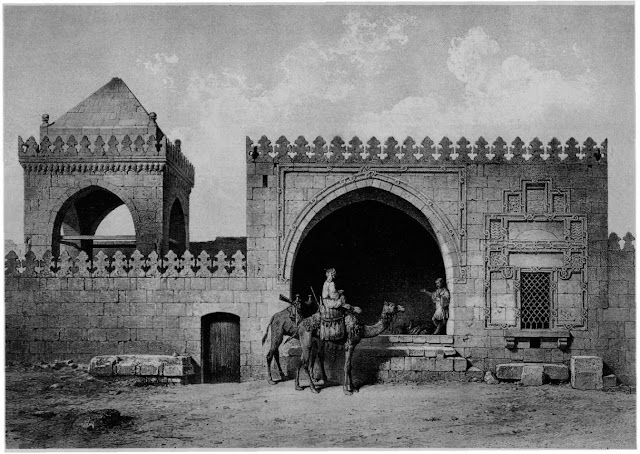 Funerary mosque near Kiman al-Jiyushi, 18th century. This mosque shows how various edifices were grouped around tombs. The facade shows a small room where travelers and passers-by could stay or rest Next to the tomb, crowned by a pyramidal dome, is a sabil-kuttab—a school and cistern.