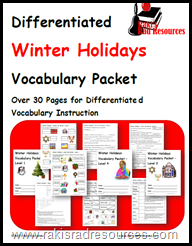 Winter Holiday Vocabulary - Four Free Differentiated Levels - Including information on Christmas, Haunakkah, Kwanza, and Diwali.