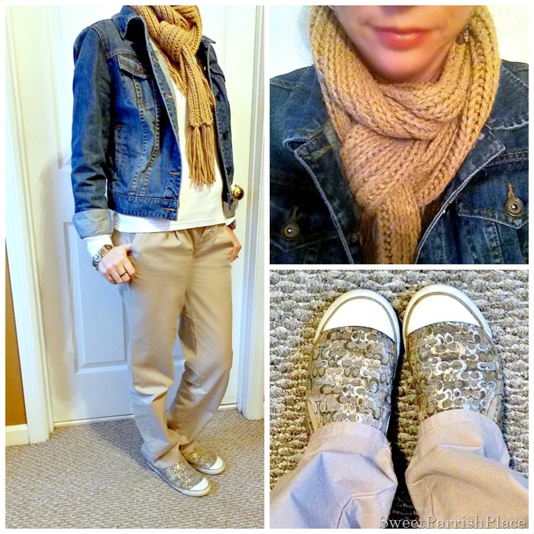 neutral casual outfit with denim jacket