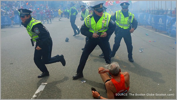 Boston Police leap into action in the moments following one of the explosions at the Boston Marathon. CLICK for coverage from The Boston Globe.
