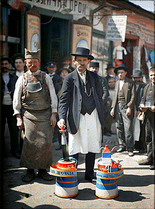 Picture Shows: A lemonade vendor, Belgrade, Yugoslavia, 1st May 1913.<br />TX: BBC Four, TBC<br />In 1907, the Lumière Brothers unveiled their latest invention to the public. It was called the autochrome - the world’s first practical system for taking true colour photographs.  Flabbergasted by this amazing technological development, French financier Albert Kahn resolved to undertake what would become one of the most ambitious projects in the history of photography.<br />Warning: Use of this copyright image is subject to Terms of Use of BBC Digital Picture Service.  In particular, this image may only be used during the publicity period for the purpose of publicising PHOTOGRAPHING THE WORLD and provided Musée Albert Kahn is credited. Any use of this image on the internet or for any other purpose whatsoever, including advertising or other commercial uses, requires the prior written approval of Musée Albert Kahn.
