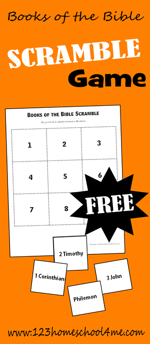 Learn the Books of the Bible with FREE printable Books of the Bible Scramble Game. This is great for at home, homeschooling, or as part of Sunday School Lessons Learn the Books of the Bible with FREE printable Books of the Bible Scramble Game. This is great for at home, homeschooling, or as part of Sunday School Lessons