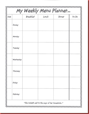 My Weekly Menu Planner