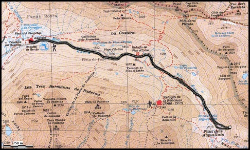 Mapa Cascada Mamporros para todos 100m WI4 ,III 90º (Aigualluts, Benasque, Pirineos)