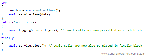 Whats new in CSharp 6.0 - await in catch and finally blocks Whats new in CSharp 6.0 - await in catch and finally blocks
