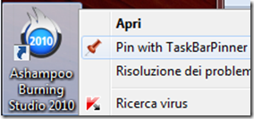 TaskBar Pinner voce Pin with TaskBarPinner nel menu contestuale del mouse