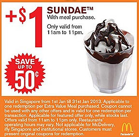 MCDONALDS OFFERS 2013 $1 SUNDAE $2 FRIES $1 for 2 Vanilla Cone $2 Small Fries Extra Small Coke DOUBLE FILET-O-FISH  BIG MAC MCNUGGET 9 PIECE $5 DOUBLE McSPICY BURGER COKE $2 McNugget 6 piece $3 McWings 4 piece JANUARY COMBO MEAL