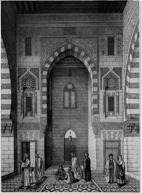 Mosque of Qaitbay, elevation of one side, 15th century. Symmetry is not found in the mosque layout but in the overall impact of its decoration. A lofty portal adorned with polychrome dadoes, columned recesses, and intricate stucco carving, frames the door that leads to the tomb. A continuous band of calligraphy integrates the designs.