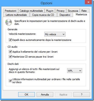 Windows Media Player opzioni di masterizzazione