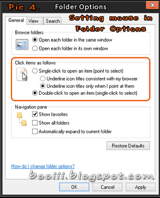 Setting mouse in folder options