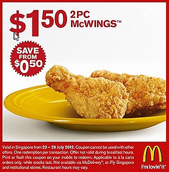 MCDONALDS $1.50 McWINGS fried chicken drumlet SAUSAGE McMUFFIN SINGAPORE $2 McCHICKEN BURGER FILET O FISH OFFER SALE JULY OLMYPICS 2012 GAME DEAL Print or Show the coupon on mobile enjoy offer french fries drinks not included