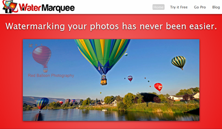 Página inicial do WaterMarquee.com com exemplo de uma foto usando outra imagem como marca d'água.