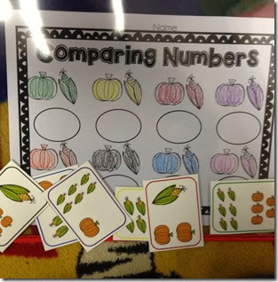 This one is a little different than my other centers, the students have to identify if the corn or pumpkins have more, then write the number in the circle.
