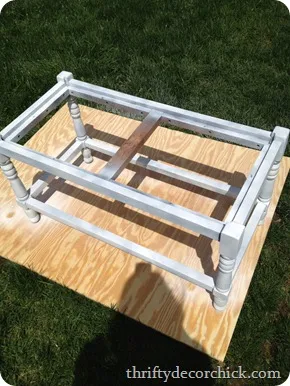 spray painting a bench