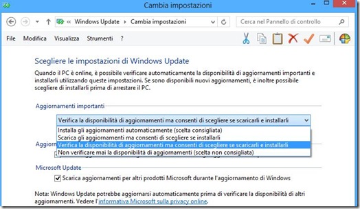Impostazioni aggiornamenti Windows 8