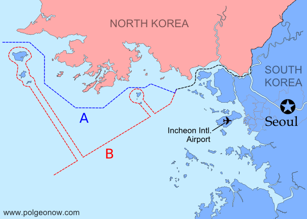 Map of North and South Korea's differing claims for their maritime boundary in the Yellow Sea