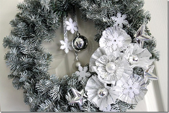 Winter wreath--silver pine wreath with silver flowers and snowflakes