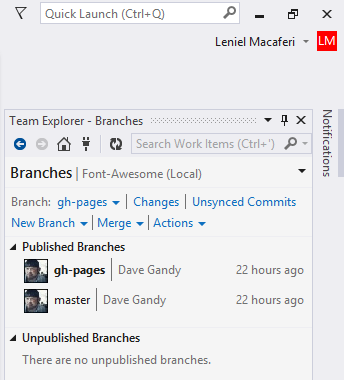 Figure 2 - gh-pages branch appears in Published Branches in Visual Studio 2013 Team Explorer window
