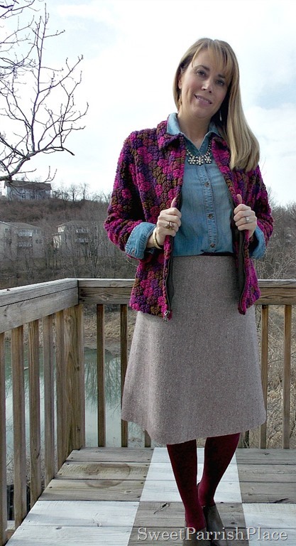 Vintage jacket, denim shirt, wool skirt, marsala tights, brown booties3