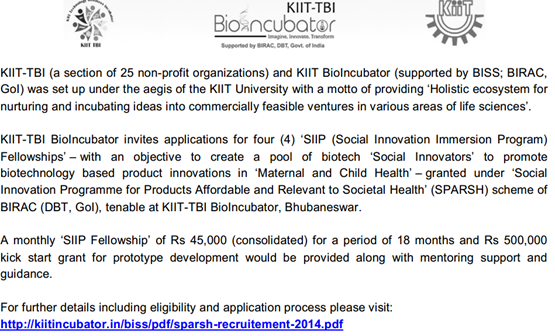 KIIT-TBI SIIP Fellowships for the Promotion of Biotech Based Products
