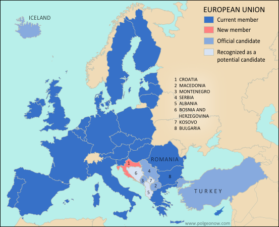 Map of the European Union (EU), highlighting new member Croatia, candidate countries with applications pending, and potential future candidates (colorblind accessible).