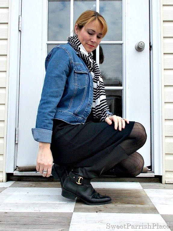 black dress, black boots, striped scarf, denim jacket2