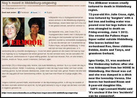 MIDDELBURG twee afrikaner vrouwen gruwelijk doodgemarteld in Middelburg ZuidAfrika 4juni2012