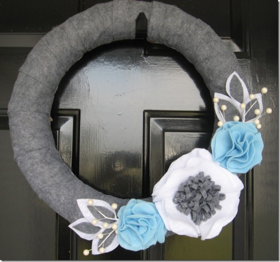 Winter wreath--gray felt wrapped wreath with white, blue and gray flowers and leaves