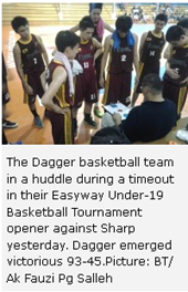 The Dagger basketball team in a huddle during a timeout in their Easyway Under-19 Basketball Tournament opener against Sharp yesterday. Dagger emerged victorious 93-45.Picture: BT/ Ak Fauzi Pg Salleh 