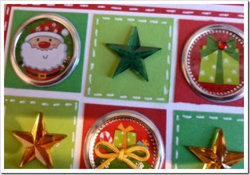 Nine Square Christmas Card. Foil Christmas Stickers. Faux Stitching Christmas Card. Bright Christmas Card