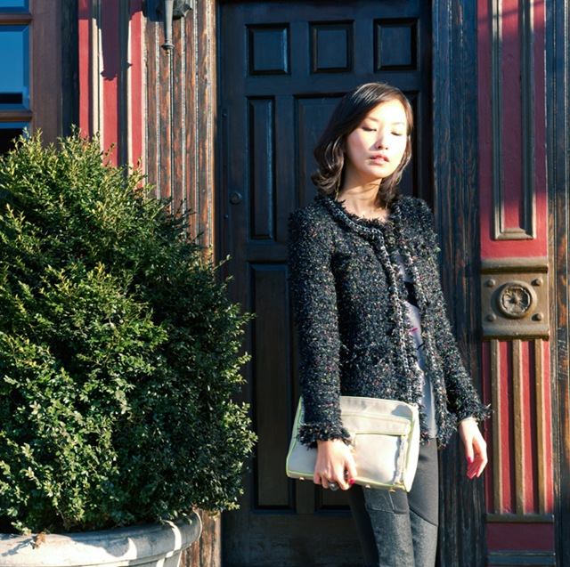 street style fashion blogger misspouty blog multicolor tweed jacket denim leggings lace booties rebecca minkoff clutch8