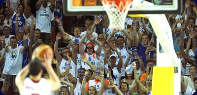 Finland's supporters gesture during the 2014 FIBA World basketball championships group C match Turkey vs Finland at the Bizkaia Arena in Bilbao on September 3, 2014. AFP PHOTO/ ANDER GILLENEA