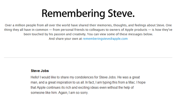 蘋果也在稍早啟用了「永懷賈伯斯（Remembering Steve）」的網頁