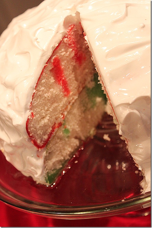 Red and green Christmas poke cake