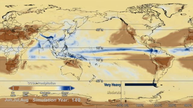 Model simulations spanning 140 years show that warming from carbon dioxide will change the frequency that regions around the planet receive no rain (brown), moderate rain (tan), and very heavy rain (blue). The occurrence of no rain and heavy rain will increase, while moderate rainfall will decrease. Graphic: NASA Goddard Space Flight Center