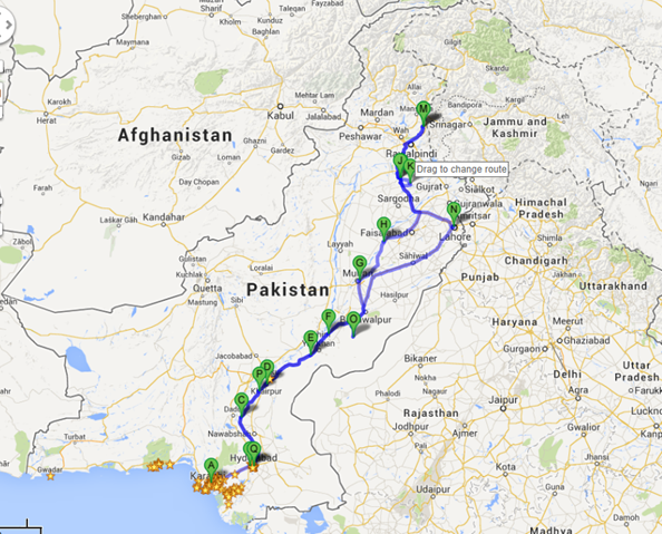 2013-11-14 Trip to Kallar Kahar, Khewra, Ayubia and Derawar Fort Bahawalpur - Itinerary - Route Map