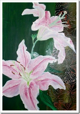 pink lilies on green