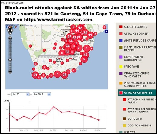 BLACKRACIST ATTACKS AGAINST SA WHITES MAP FARMITRACKER COM JAN 2011 TO JAN 27 2012