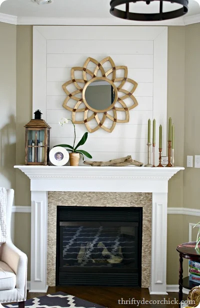 wood plank wall above fireplace