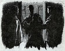One of the illustration accompanying the publication in Astounding magazine, British edition, of short story The Peasant Girl by Algis Budrys. Image shows the central character receiving at his home his estranged & married sister with her baby boy, her husbad, and her father in law.