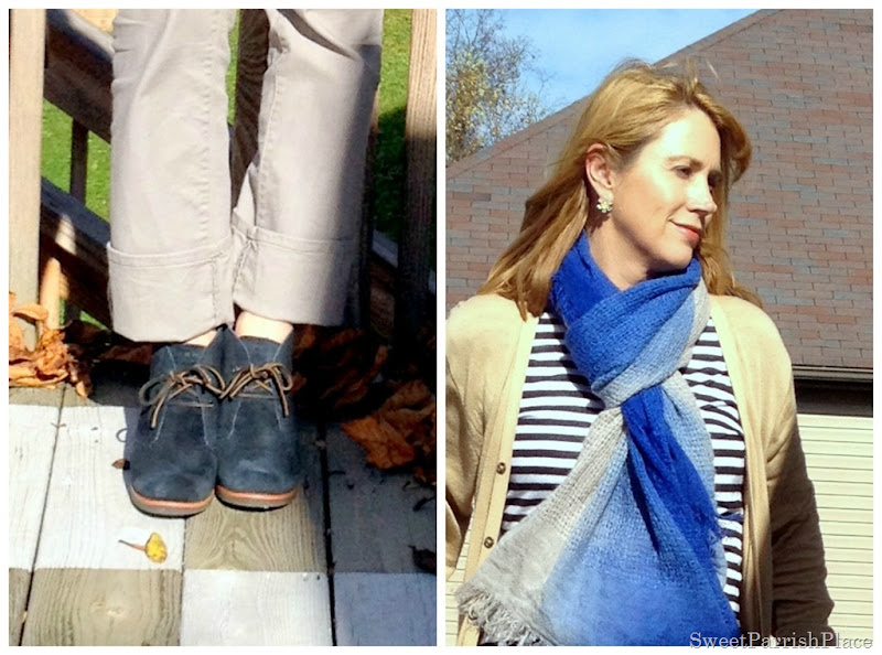 grey jeans, black and white stripes, blue scarf, grey booties