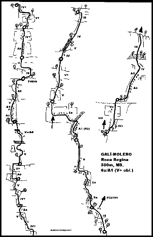 Croquis Terradets - Roca Regina - Gali-Molero 500m MD  6b  Ae (V  A0 Oblig) (Ressenya.net)