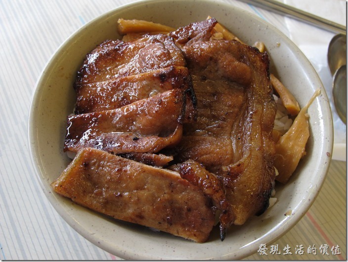 台南-永樂燒肉飯。燒肉飯的份量大概是一白飯，一大片的豬肉切成小片，淋上點醬汁，外加排骨肉三樣配菜，筍乾、脆筍及生薑。