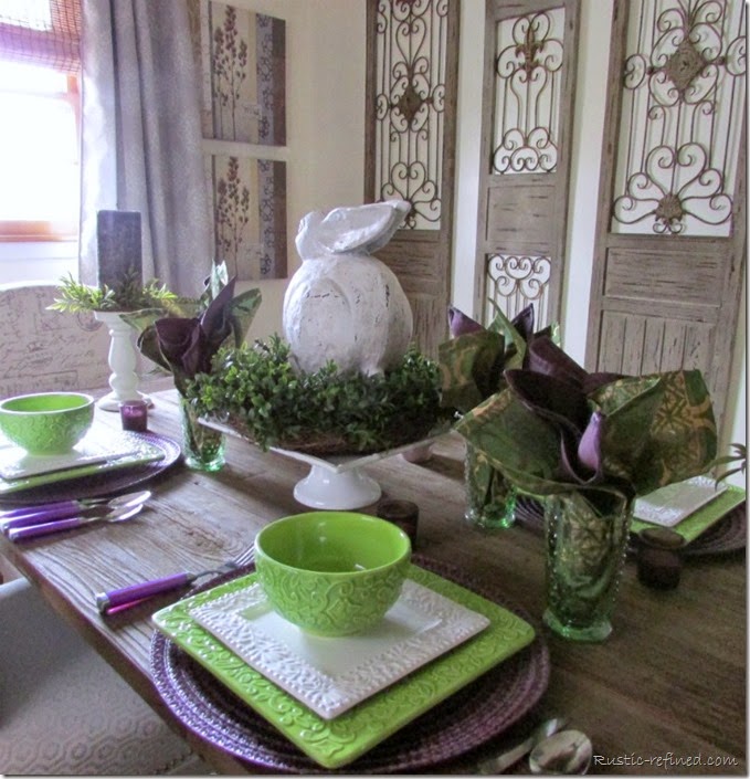 Spring Tablescape with purple, green and white colors.