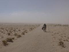 Walking the bike through harsh winds and a duststorm near San Juan, Southwestern Bolivia.