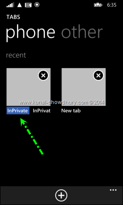 InPrivate browsing mode in Internet Explorer 11 for Windows Phone 8.1 (www.kunal-chowdhury.com)