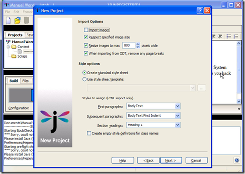 Pantalla de creación de Jutoh, puede crear un fichero desde cero o importar ficheros