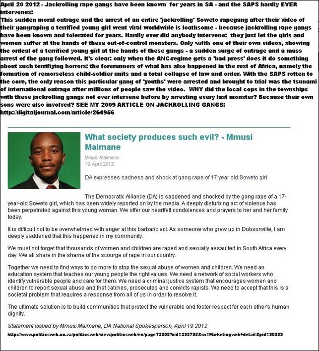 JACKROLLING TOWNSHIP RAPE GANGS PRETENDED MORAL OUTRAGE BY BLACK SA LEADERS APRIL 19 2012